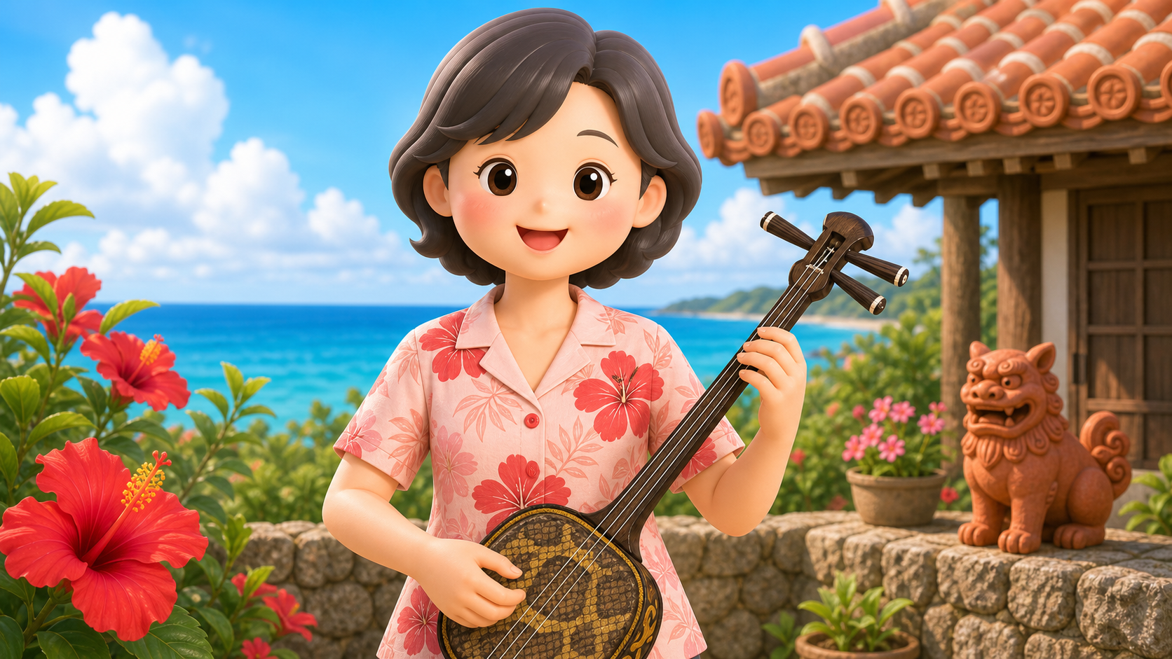 三線を持つ、ちゅらのキャラクター